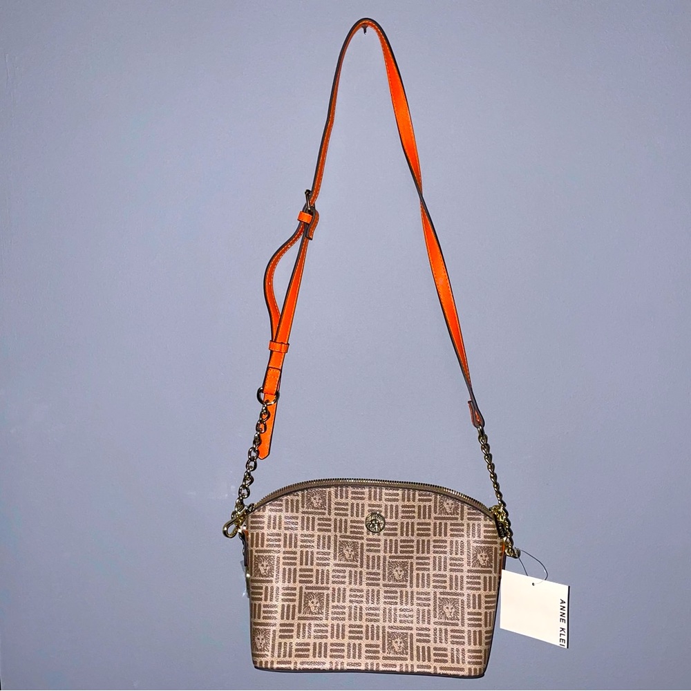 Anne Klein, Classic Curves Xbody Purse, Tan with Orange Leather Accents